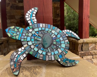 Mosaic Turtle Wall hanging logger head Sea art BLUE stained glass decor  mirrored ceramic agate tile