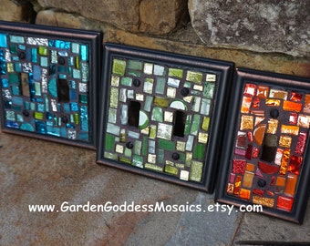 Mosaic Tile Light Switch Cover: Stained Glass Decor, Aged Bronze Orb, Custom Ocean Colors