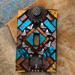 Mosaic Light switch plate covers, single toggle, Birds Tree of life Sun, stained glass decor Beach ceramic tiles turquoise mix Art image 9