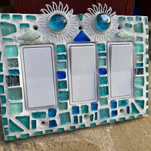 Mosaic light switch plates Sun fish Beach Home Decor stained glass Turquoise art Beautiful colors image 4