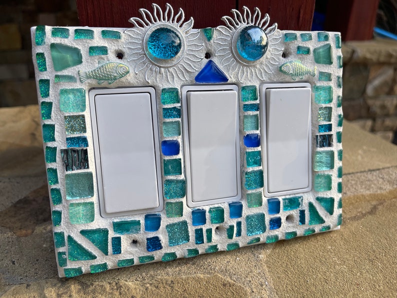 Mosaic light switch plates Sun fish Beach Home Decor stained glass Turquoise art Beautiful colors image 4