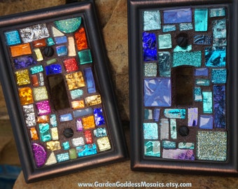 Handmade Stained Glass Mosaic Switch Plate: Custom Tile Art, ORB Metal Frame