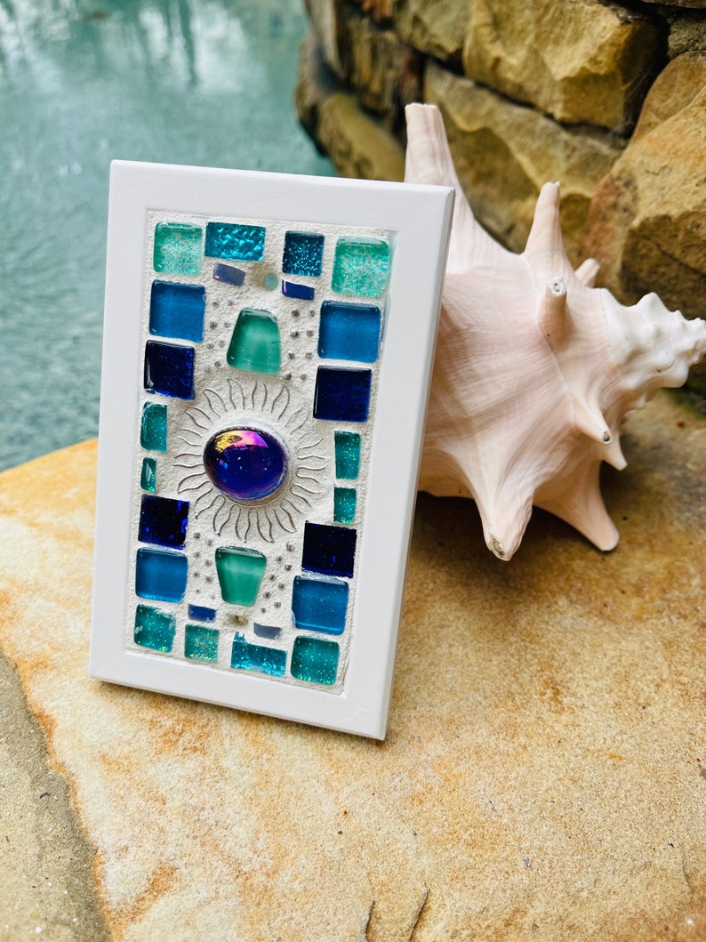 Mosaic Beach Light switch plates BLANK BLUES SUN stained glass functional art custom image 1