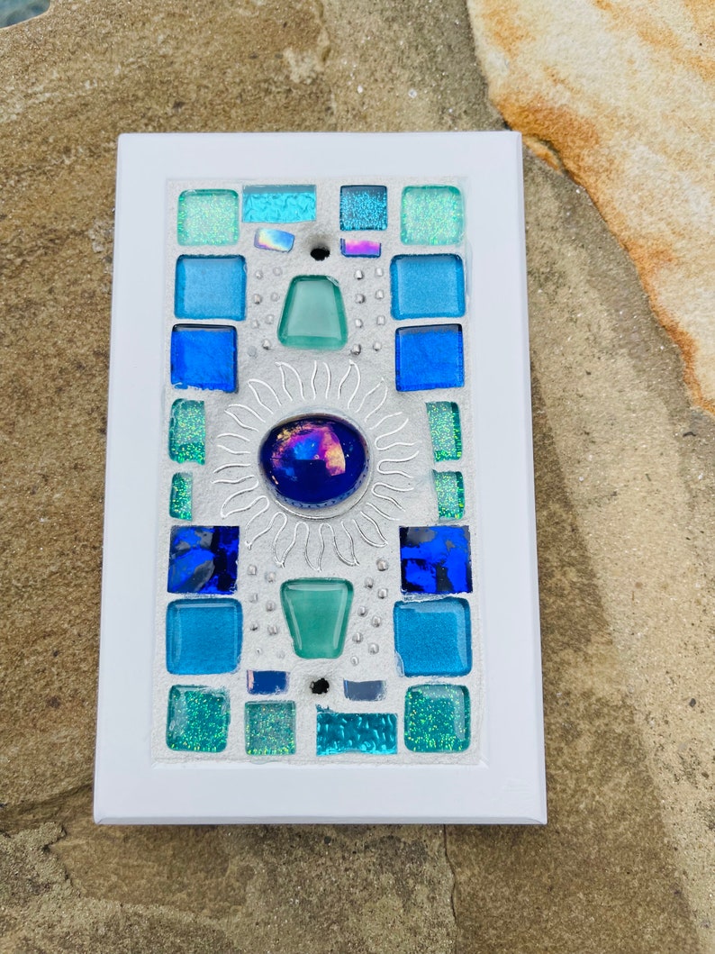 Mosaic Beach Light switch plates BLANK BLUES SUN stained glass functional art custom image 7