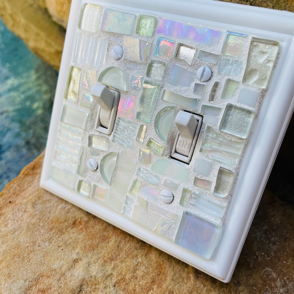 Mosaic light switch plates cover stained glass decor white art tile Toggle Rocker Gfi custom colors MADE TO ORDER