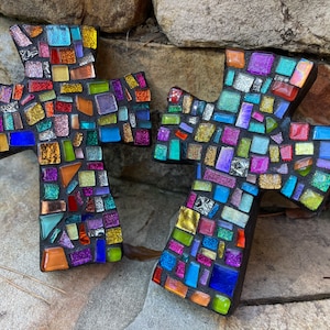 Mosaic Cross 6&quot; Wall decor stained glass rainbow of colorful stones