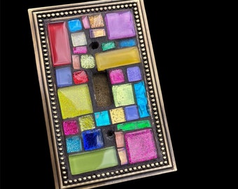 Mosaic light switch plates cover stained glass decor art tiles Rainbow custom colors