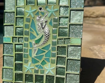Mermaid Mosaic Wall Art: Beach Decor, Stained Glass Tile (7x5")