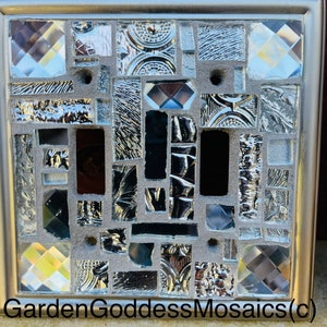 Mosaic light switch cover platestained glass Mirror decor Silver art tile Double Toggle