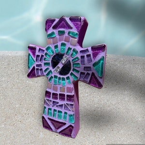 Purple Mosaic Cross  Wall decor stained glass rainbow of colorful stones