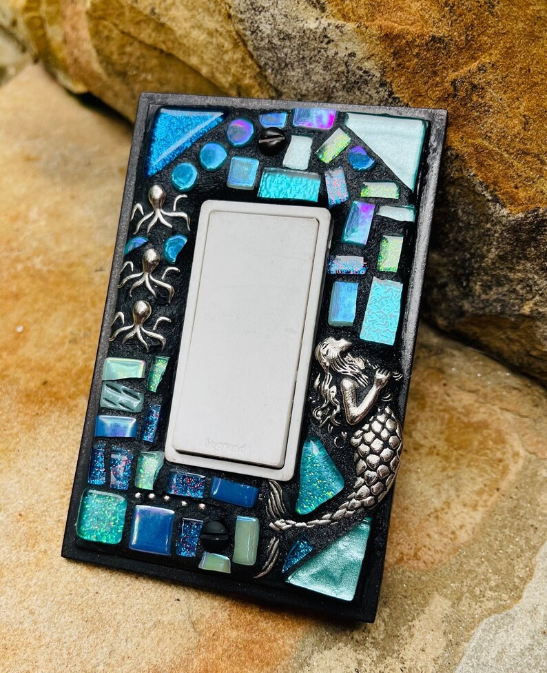 Mosaic Light Switch cover plates Mermaid ROCKER stained glass decor Beach ceramic tiles turquoise mix art image 2