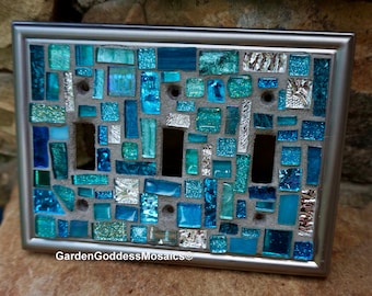 Mosaic light switch plates cover stained glass decor art tiles Toggle custom blue ocean colors Brushed nickel metal