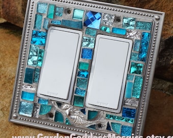Mermaid Mosaic Double Rocker Switch Plate: Turquoise Stained Glass Decor