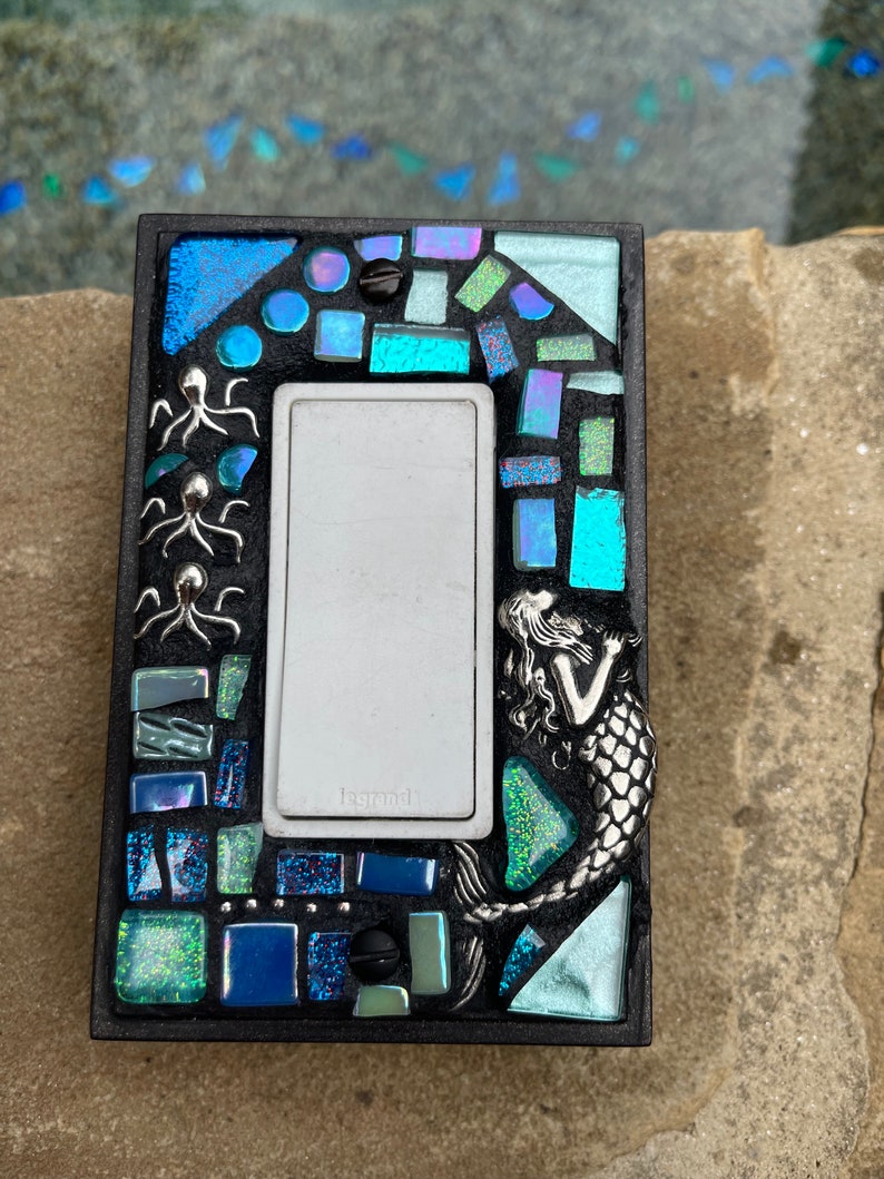 Mosaic Light Switch cover plates Mermaid ROCKER stained glass decor Beach ceramic tiles turquoise mix art image 7
