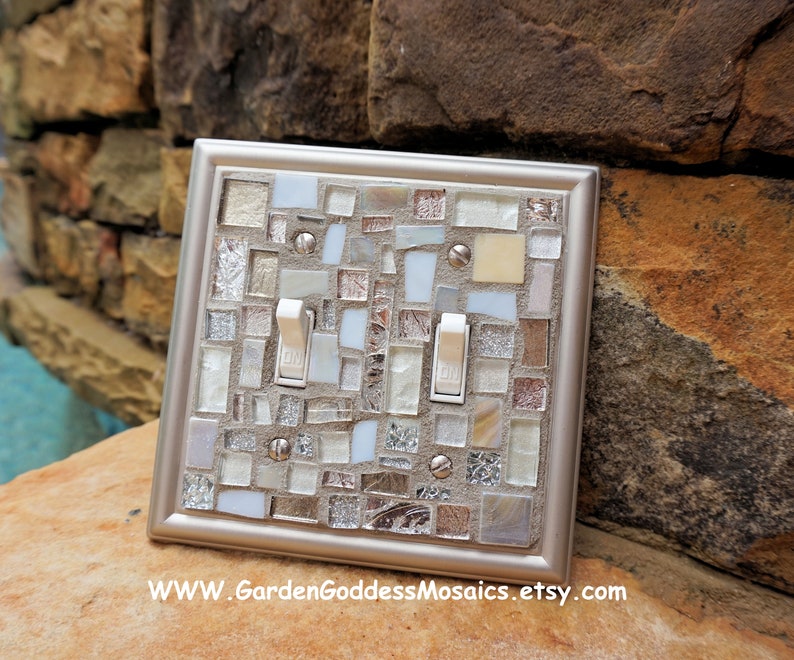 Mosaic light switch cover wall plates stained glass decor Grey Silver white art tile Toggle Rocker Gfi custom Brushed Nickel MADE To ORDER image 5