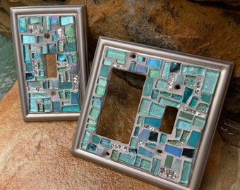 Switch plates Mermaid Mosaic Light switch plates double rocker covers stained glass decor Beach ceramic tiles turquoise mix ART CustomMade