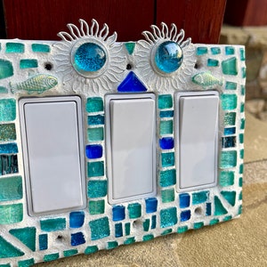 Mosaic light switch plates Sun fish Beach Home Decor stained glass Turquoise art Beautiful colors image 5