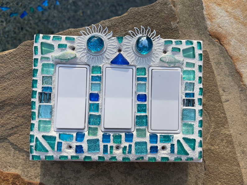 Mosaic light switch plates Sun fish Beach Home Decor stained glass Turquoise art Beautiful colors image 9