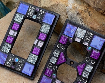 light switch plate cover ROCKER Purple silver embellishment tiles wall cover mosaic beaded