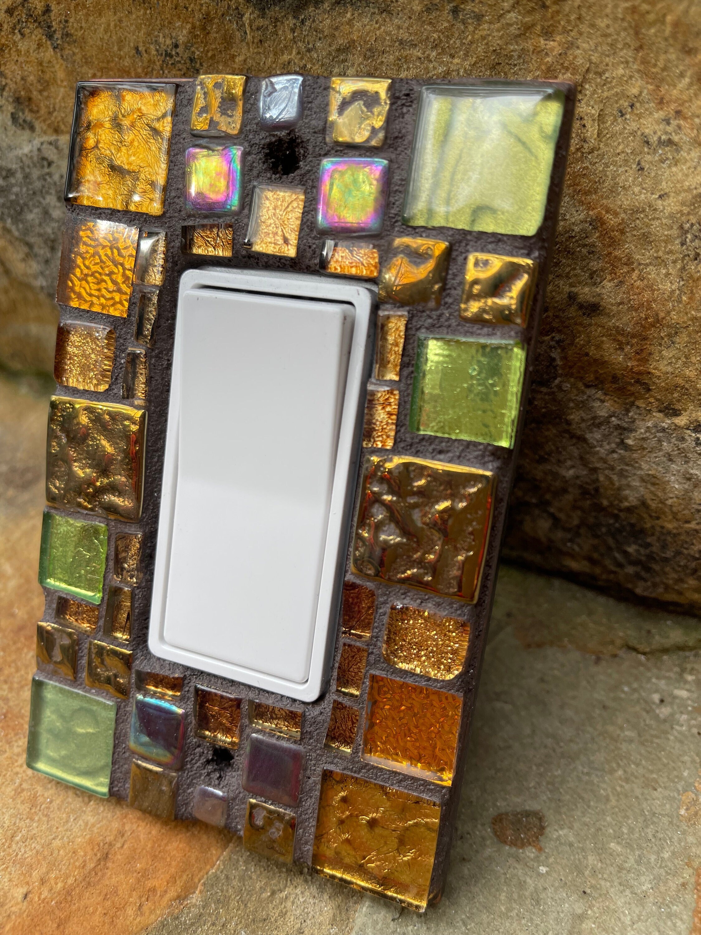 Tile Switch Mosaic Tile Rocker Light Switch Plate - Green Bronze Stained Glass ...