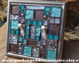 Mosaic Light switch plates cover stained glass  tiles decor Turquoise brown ceramic Beach Toggle Rocker cover
