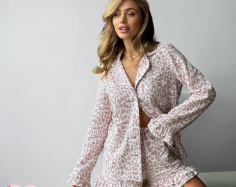 Womens Pure 100% Baumwolle Leopard Print Zweiteiliges Pyjama Loungewear Set - Damen Nachtwäsche Sommer Loungewear