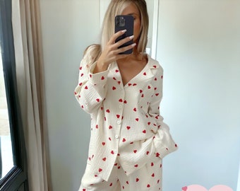 Womens Pure Cotton Love Heart Two Piece Pyjamas Set - Womens Sleepwear