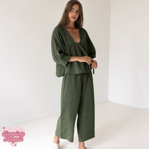 Reine 100% Baumwolle Zweiteilige Pyjamas Loungewear Boho Beach Set mehrere Farben erhältlich Damen Nachtwäsche Sommer Loungewear Green