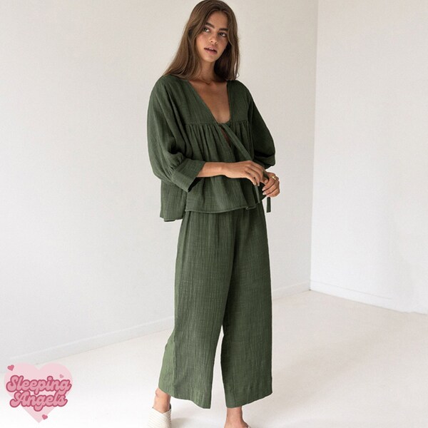 Pure 100% Cotton Two Piece Pyjamas Loungewear Boho Beach Set - Womens Sleepwear, Summer Loungewear, Cotton Loungewear, Organic Sleepwear