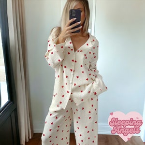 Womens Pure Cotton Love Heart Two Piece Pyjamas Set - Womens Sleepwear