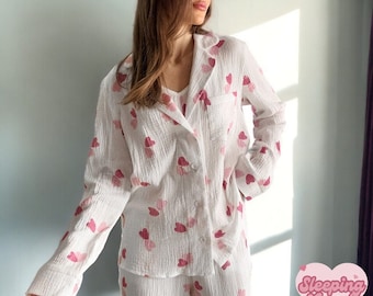 2-teiliges Love Heart Pyjamas-Set aus reiner 100% Baumwolle - Bio-Baumwollschlafanzug, Bio-Baumwollschlafanzug, Sommerschlafanzug, Bio-baumwollschlafanzug