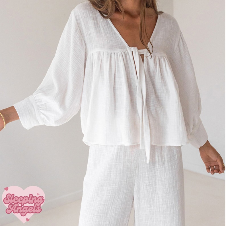 Reine 100% Baumwolle Zweiteilige Pyjamas Loungewear Boho Beach Set mehrere Farben erhältlich Damen Nachtwäsche Sommer Loungewear White