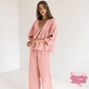 Reine 100% Baumwolle Zweiteilige Pyjamas Loungewear Boho Beach Set mehrere Farben erhältlich Damen Nachtwäsche Sommer Loungewear Pink