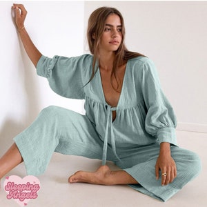 Reine 100% Baumwolle Zweiteilige Pyjamas Loungewear Boho Beach Set mehrere Farben erhältlich Damen Nachtwäsche Sommer Loungewear Turquoise