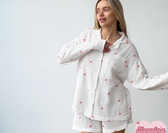 Womens Pure 100% Cotton Love Heart Two Piece Pyjamas Loungewear Set - Womens Sleepwear Summer Loungewear