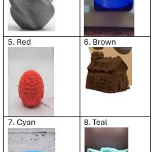 May include: A collection of 3D-printed objects in various colors. Includes a black castle, a white object with a red accent, a silver twisted shape, a blue crown, a red egg, a brown house, a cyan cylinder, a teal wolf head, a magenta twisted shape, and an orange twisted shape.