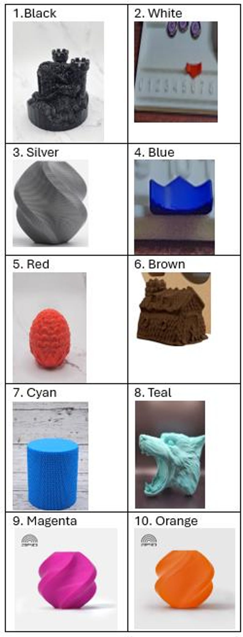 May include: A collection of 3D-printed objects in various colors. Includes a black castle, a white object with a red accent, a silver twisted shape, a blue crown, a red egg, a brown house, a cyan cylinder, a teal wolf head, a magenta twisted shape, and an orange twisted shape.