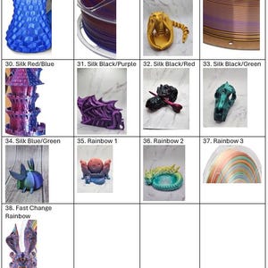 May include: A collection of 3D-printed objects in various colors and designs. Includes a translucent blue vase, a gold dragon, a skull, and a rainbow-colored filament spool. Other items include a castle, a dragon wing, and a bunny.