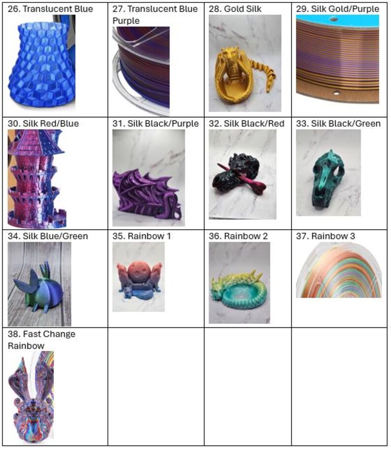 May include: A collection of 3D-printed objects in various colors and designs. Includes a translucent blue vase, a gold dragon, a skull, and a rainbow-colored filament spool. Other items include a castle, a dragon wing, and a bunny.