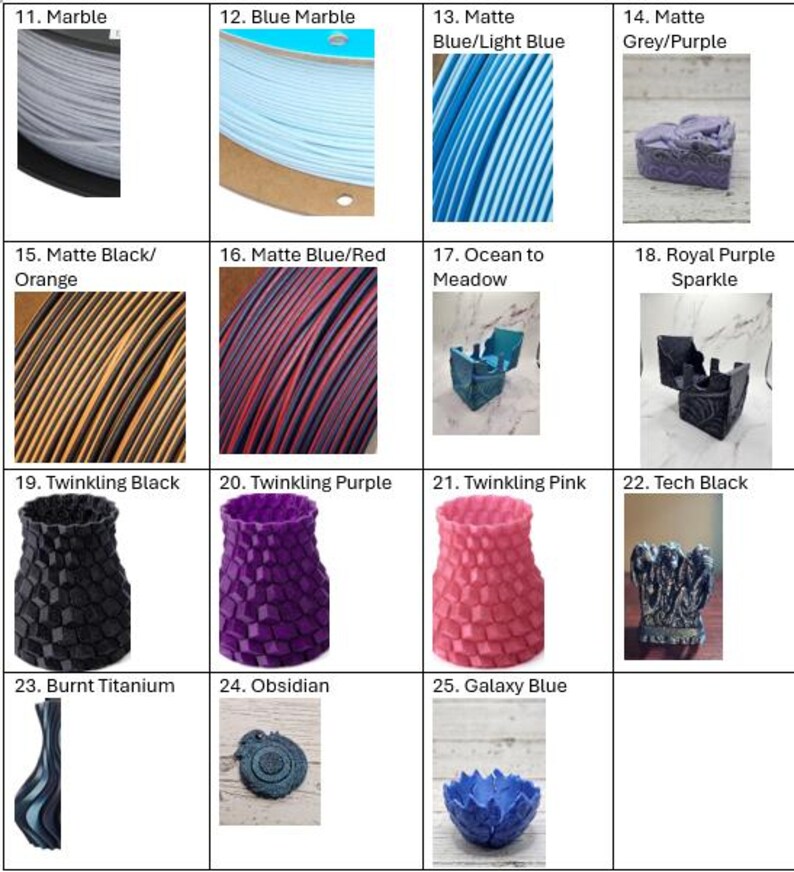 May include: A collection of 3D printing filament spools and decorative items in various colors and finishes. Includes matte, twinkling, and marble effects in shades of blue, purple, black, orange, and pink. The items include a vase, a box, and a decorative bowl.