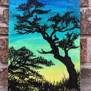Lonely Tree Original Acrylic Painting 6&quot; x 8&quot; -- Tiny Shiny Series