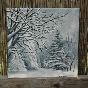Black and White Winter Trees in the Snow Original Acrylic Painting 12&quot; x 12&quot;