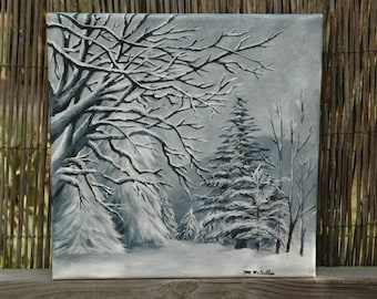 Árboles invernales en blanco y negro bajo la nieve, pintura acrílica original de 30 x 30 cm