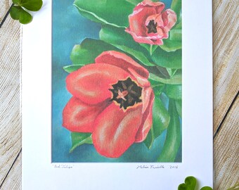 Red Tulips Painting Print 11 x 14" Mated Unframed