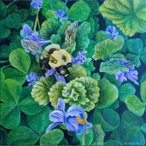 Bumblebee in a Field of Clover and Violets Original Acrylic Painting 12&quot; x 12&quot;