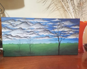 Landscape with Clouds and Trees Original Acrylic Painting 10" x 20"
