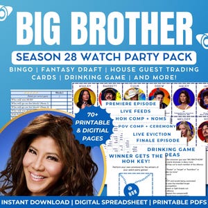 Op de afbeelding: Een Big Brother Seizoen 28 watch party pakket met 70+ printbare en digitale pagina's, inclusief bingo, fantasy draft, ruilkaarten van huisgenoten en een drankspel. De afbeelding bevat een portret van Julie Chen Moonves en tekst.