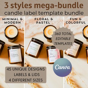 3-in-1 Bundle of Candle Label Templates | Editable and Customizable Candle Label Canva Templates (360 Total Templates)