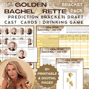 May include: Printable game cards featuring photos of contestants from The Golden Bachelorette. The game includes a prediction bracket, a draft, and drinking game ideas. The cards are gold and white with a gold rose design.