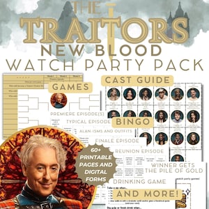 May include: A printable watch party pack for The Traitors New Blood featuring a cast guide, bingo cards, game brackets, and drinking game rules. The set includes over 60 pages of forms with gold and white text, featuring a circular portrait of the host.